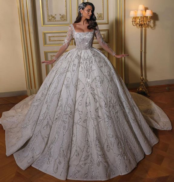 

luxury ball gown wedding dresses long sleeves bateau sequins applique 3d lace ruffles bridal gowns beads zipper formal dress plus size custo, White