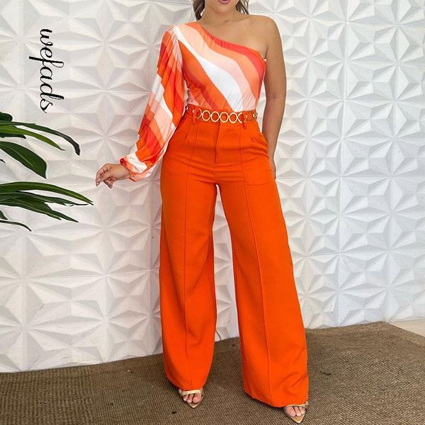 

womens two piece pants wefads women set stylish single shoulder print long sleeve loose wide legs sets high streetwearno belt 230505, White