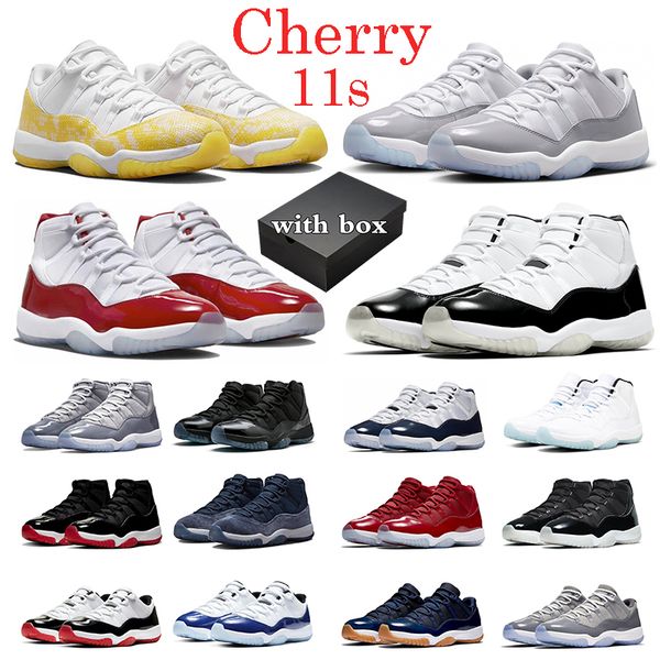 

with box 11 cherry 11s basketball shoes men women cement grey yellow snakeskin midnight navy pure violet cap and gown dmp jumpman 11 sports