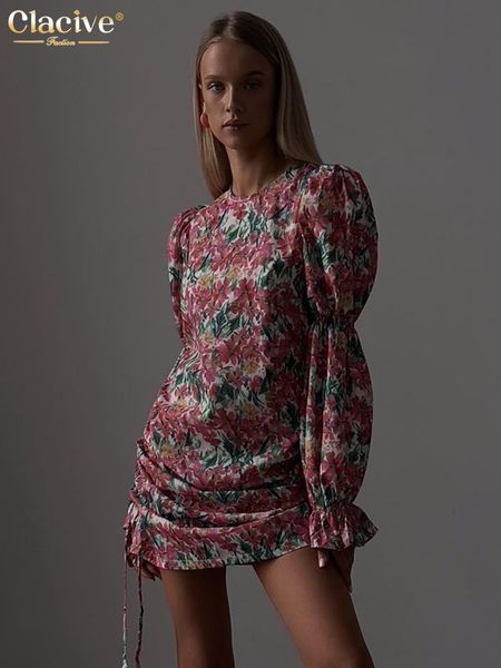 

casual dresses clacive vintage loose print womens dress fashion oneck long sleeve mini dresses elegant drawstring ruched female dress 230505, Black;gray