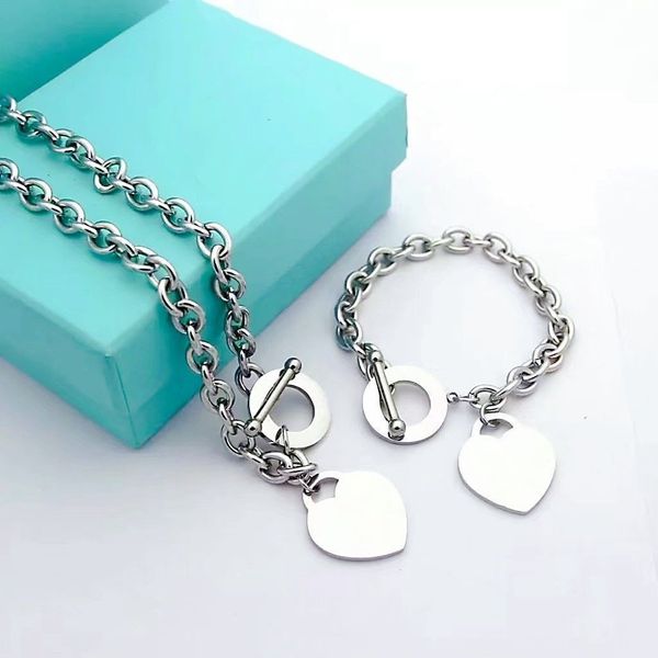 

luxury designer sterling silver heart bangle bracelet necklace set shape original fashion classic bracelet women jewelry gift with box