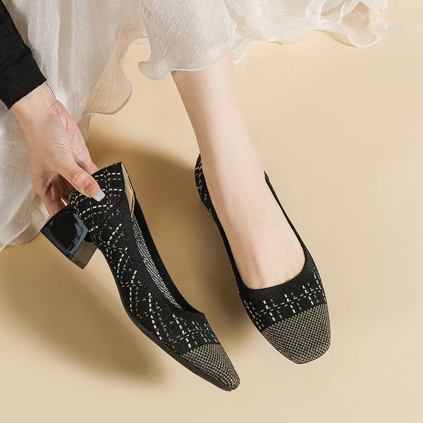 

dress shoes large women's shoes 42/43/41 square toe thick heel knitting fashion breathable anti-slip beautiful color spring and aut 230, Black