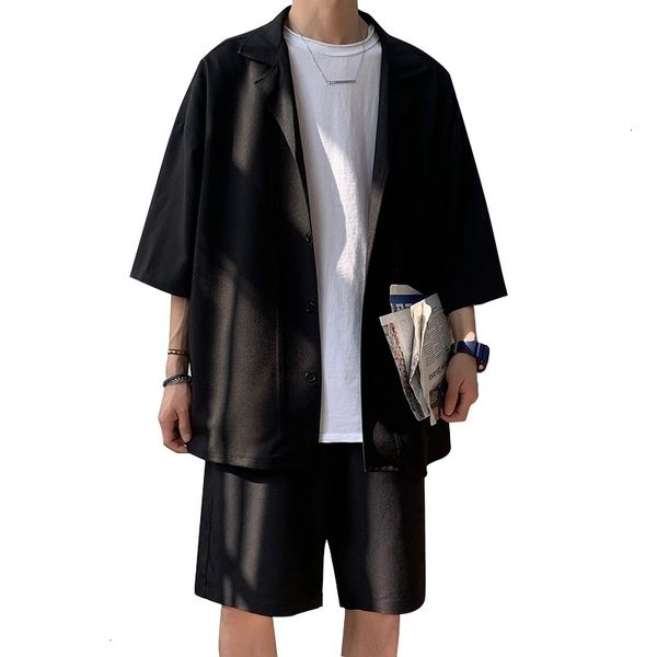 

men s tracksuits korean style set suit jacket and shorts fashion loose casual 2pcs summer set for men thin short sleeve blazer 230504, Gray