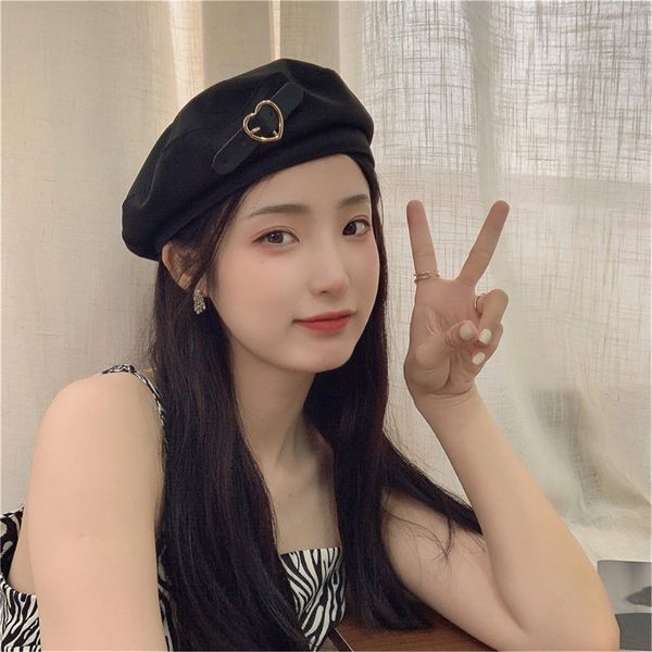 

berets metal love heart buckle black autumn winter warm hip hop hats vintage elegant women girls decorative cap 230504, Blue;gray
