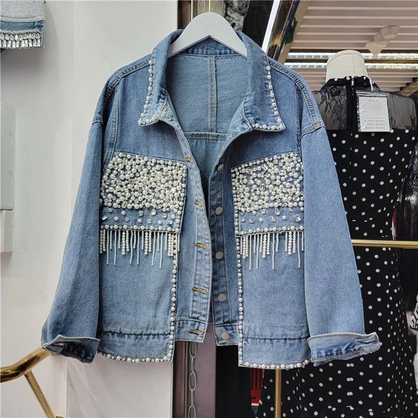 

women's jackets spring fashion pearl beaded tassels blue jean jackets irregular single-breasted hem long sleeve denim jacket casual str, Black;brown