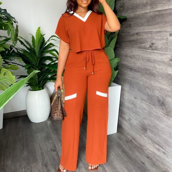 

women's tracksuits two piece set women v-neck short sleeve drawstring wide leg pants casual summer elegant matching sets tracksuit outf, Gray