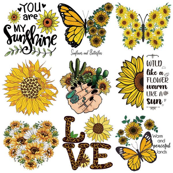 

notions sunflower iron on transfers cute patches decals flower appliques for t shirts spring decals heat transfer sticker for clothes pillow, Black