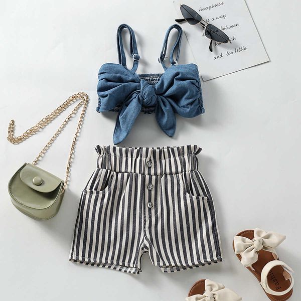 

clothing sets focusnorm 2pcs summer causal kids girls clothes sets 2-7y strap sleeveless bowknot blue denim vest+high waist striped shorts a, White