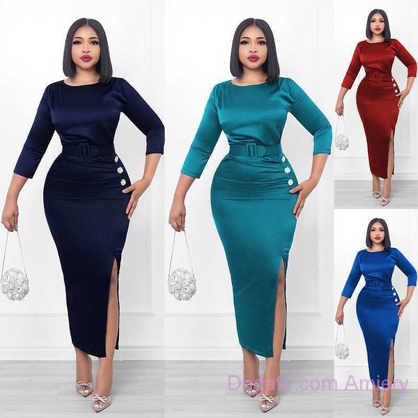 

women's dress evening party elegant temperament with pleated belt high slit hip wrap skirt ladies slong sleeve solid dresses women, Black;gray