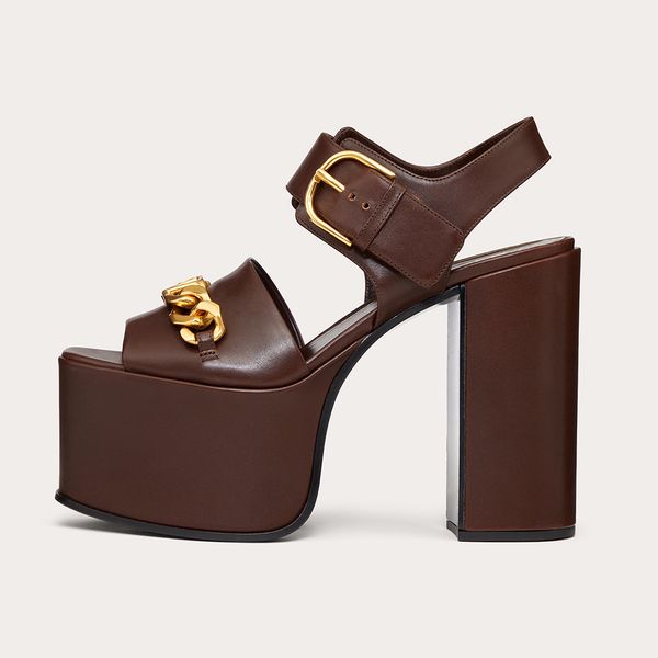 

waterproof platform sandals metal chain belt buckle platform pump open-toe dress shoes luxury designer chunky heel high heels 13cm women par, Black