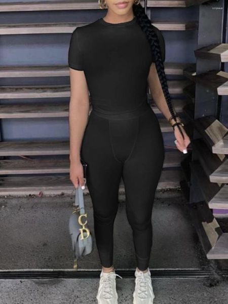 

Women' Two Piece Pants LW Plain Pieces Set Stretchy Short Sleeve Crew Neck Casual Tee Sheath Sporty Fitness Trousers Matching Suits, Black