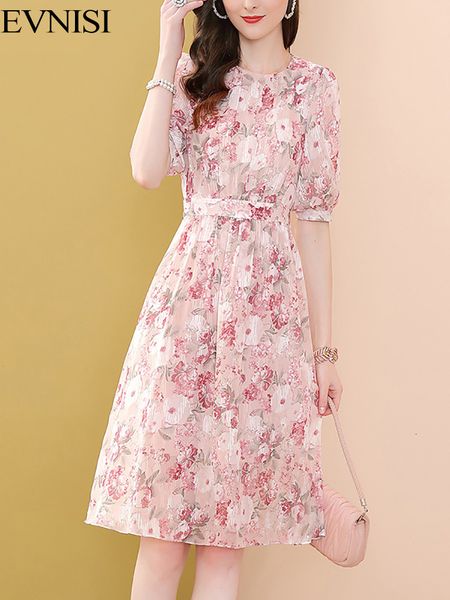

casual dresses evnisi women chiffon print floral dress women summer new fashion elegant folds dresses o-neck a-line sweet vestidos 230505, Black;gray