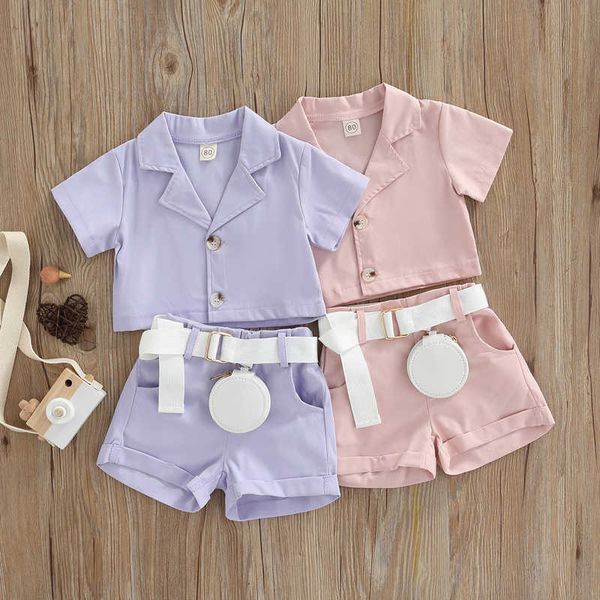 

clothing sets focusnorm summer fashion 0-5y kids girl clothes sets formal short sleeve lapel collar button-down shorts+belt with pu bag aa23, White