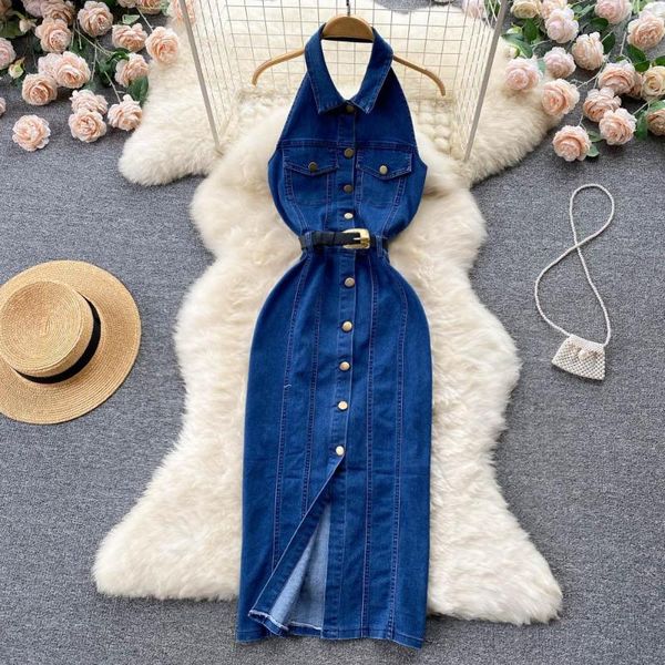 

Casual Dresses Halter Backless Women Denim Dress with Belt Single Breasted Sexy Vestidos 2023 Sleeveless A-line Female Jean, Blue