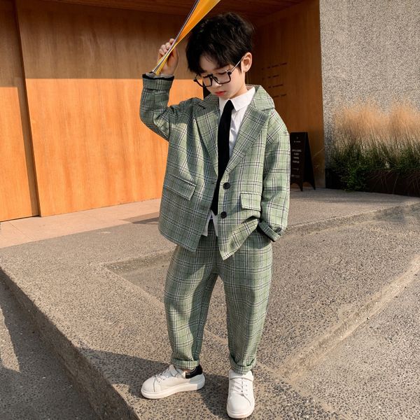 

clothing sets teenager boys formal suit plaid jacketpants 2pcs clothing set kindergarten kids performance dress children chorus costume 2305, White