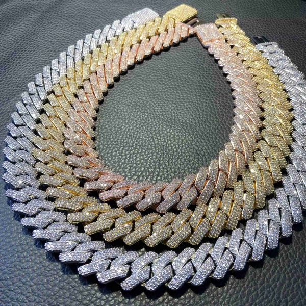 

men hip hop jewelry 20mm cuban chain necklace gold plated iced out cz prong cuban link chain necklace diamond cuban chain, Silver
