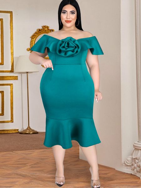 

plus size dresses party size women ladies appliques flower off shoulder ruffles event elegant female package hip summer african gowns 230504, Black
