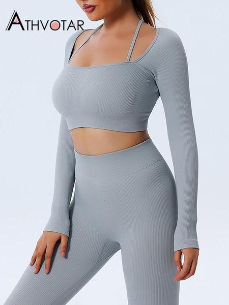 

womens two piece pants athvotar sets seamless women fitness bra crop trouser suits solid ribbed long sleeve leggings shorts gym female cloth, White