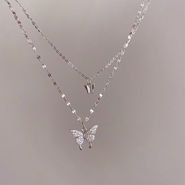 

pendant necklaces luxury for women butterfly shiny double chain clavicle anniversary gift jewelry 230504, Silver