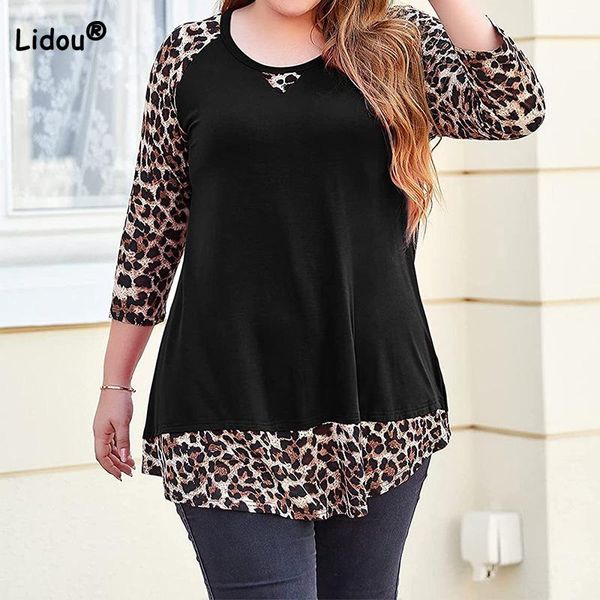 

t-shirt lady simplicity plus size tshirt autumn splicing leopard printed seven points sleeve loose casual medium and long pullover top, Black