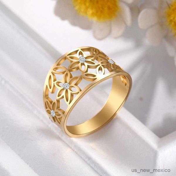

band rings skyrim elegant clear zircon flower of life finger rings women girl stainless steel golden casual ring anniversary gift for lover, Silver