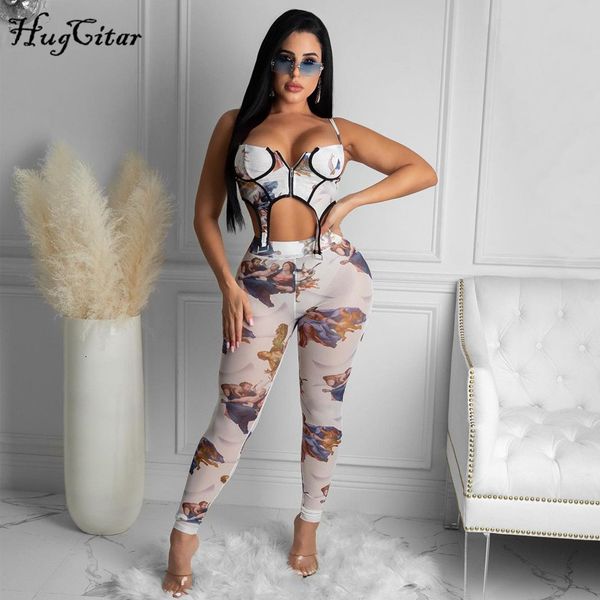 

womens two piece pants hugcitar sleeveless patchwork zipper print camis leggings 2 matching sets spring summer women tracksuit outfits 23050, White