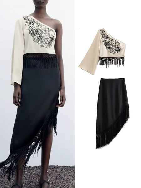 

two piece dress traf summer asymmetrical skirt sets thin skew collar one shoulder shirt straight solid tassel skirts casual outwear 230505, White