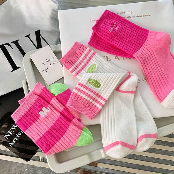 

socks socks female spring and autumn double needle letter embroidery trendy socks female mid sleeve ins stacked socks cotton, Black