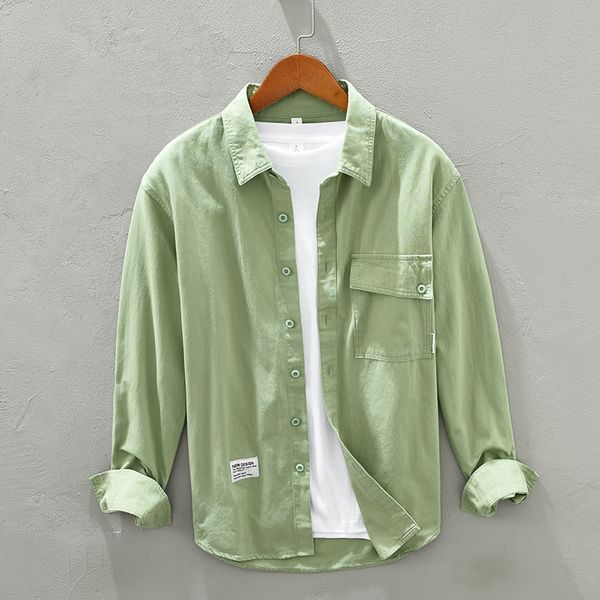 

men's casual shirts 1316 simple cotton shirt japan style casual solid color all-match chic pockets loose lapel fresh youthful streetwea, White;black