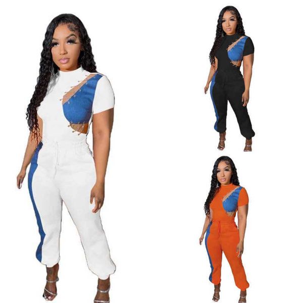 

plus size 3xl womens designer tracksuit personalization suits 2023 new fashion casual solid color combination denim two piece set pants, White