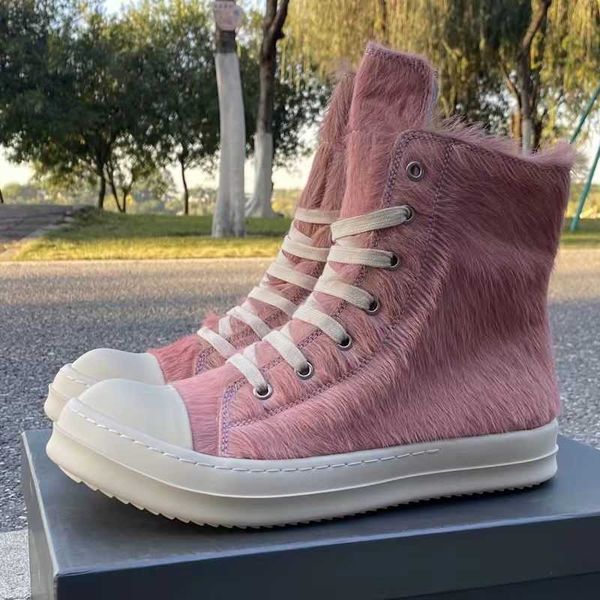 

rick ro horse hair high shoes men's shoe genuine leather lacing thick sole zipper fashion women's shoes owen, Black
