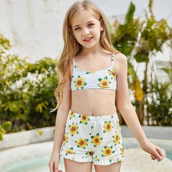 

two piece printed childrens two pieces swimsuit three girls sling wholesale, Blue