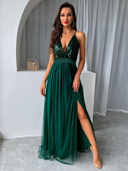 

casual dresses yissang mesh sequins vneck dress women cocktail party dresses backless summer maxi long bodycon dress elegant dress 230505, Black;gray