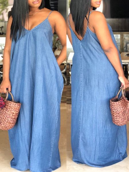 

plus size dresses lw size casual v neck loose blue dress spaghetti strap sleeveless denim beach dres clothing 230504, Black