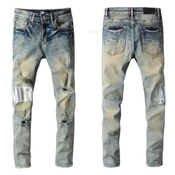 

men's jeans designer punk ripped pants pantalon homme for men retro old street fashion letter motorcycle66or, Blue