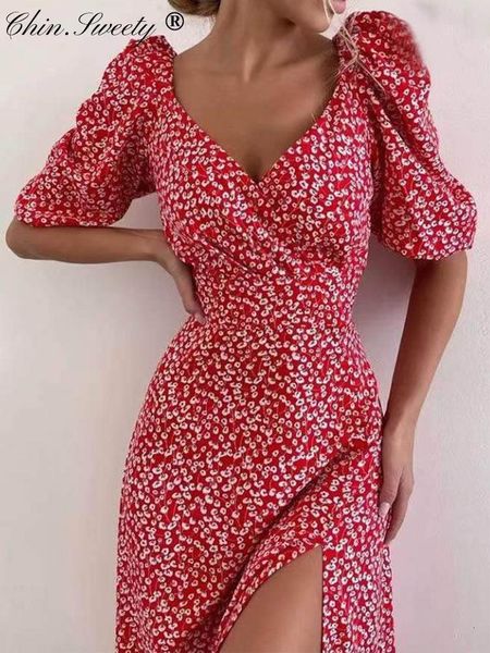 

casual dresses summer floral print women's midi dress v-neck puff sleeve side split female dresses fashion office lady party vestidos 2, Black;gray