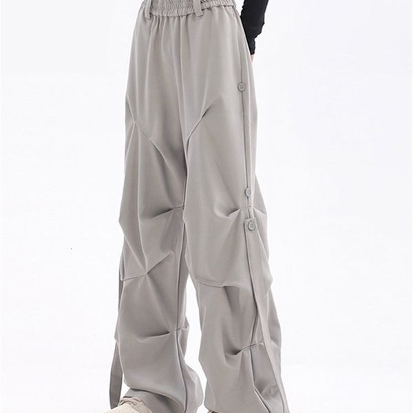 

women s pants s y2k casual wide leg elastic waist 2023 spring korean streetwear oversized high joggers grey pleated trousers 230504, Black;white