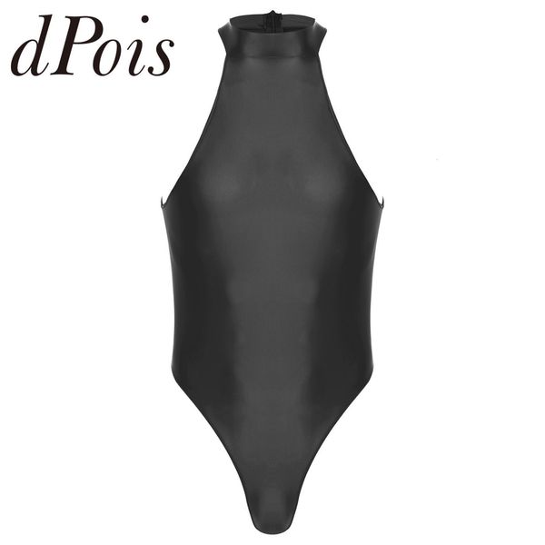 

men's swimwear men's swimsuit glossy mock neck back zipper bodysuit hommes sleeveless leotard for gymnastics swimming bathing suit
