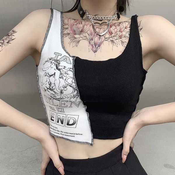

womens tanks camis punk style patchwork tank aesthetic letter and graphic print women crop color blocking sleeveless streetwear 230504, White
