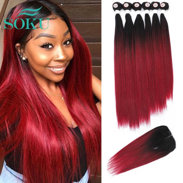 

synthetic wigs synthetic lace closure weaving bundles hair ombre red bundles soku nature straight hair with lace closure 6 bundles j230503, Black