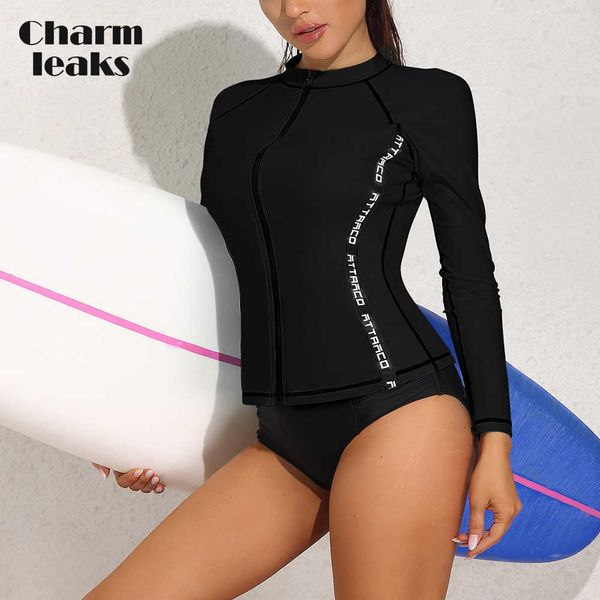 

wetsuits drysuits charmleaks women rash guard zipper solid letters crew neck upf 50 surfing long sleeves quick dry soft beachwear j230505