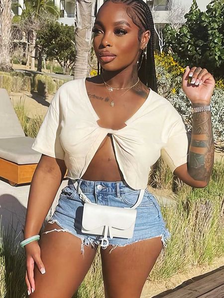 

women's t-shirt sifreyr casual solid basic tshirts women streetwear deep vneck short sleeve bare midriff tees summer y2k classic t shi, White