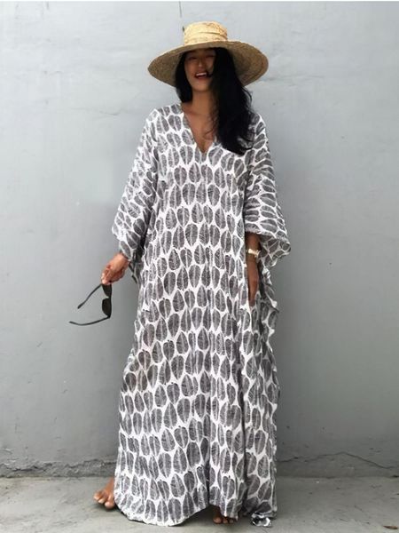 

swimwear kaftan beach dresses leaf printed maxi robe v neck summer swimsuit cover up holiday tunic bathing suits beachwear, White;black