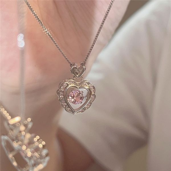 

pendant necklaces korean fashion vintage hollow pink crystal heart silver color chain neck necklace for women wedding aesthetic jewelry 2305