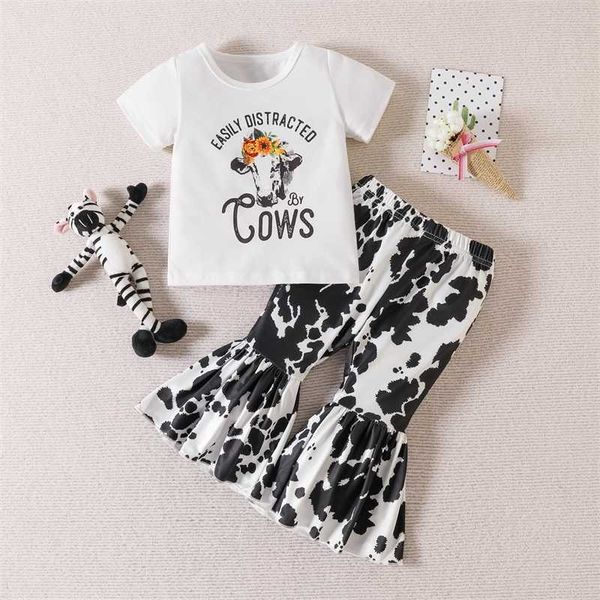 

clothing sets focusnorm 3 colors toddler kids girls 2pcs clothes sets cow head print short sleeve t-shirt flare pants set aa230504, White