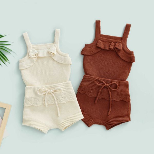 

clothing sets baby girls knitted shorts set sleeveless camisole with elastic waist shorts solid casual outfit aa230504, White