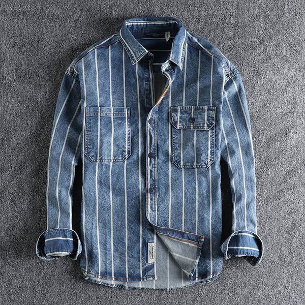 

men's casual shirts autumn custom woven striped washed used denim shirt men's work style american retro trend youth shirt 230505, White;black