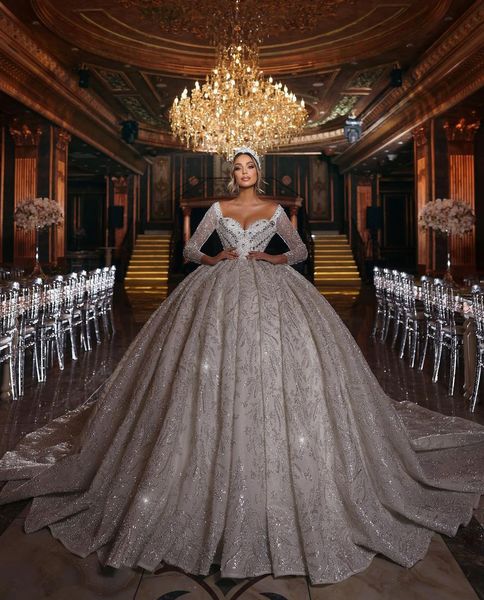 

luxury ball gown wedding dresses long sleeves v neck sequins applique 3d lace ruffles bridal gowns beads zipper formal dress plus size custo, White