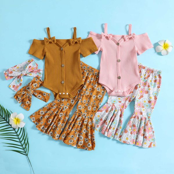 

clothing sets 0-24m baby girls pants set short sleeve bowknot romper with floral flare pants and headband aa230504, White