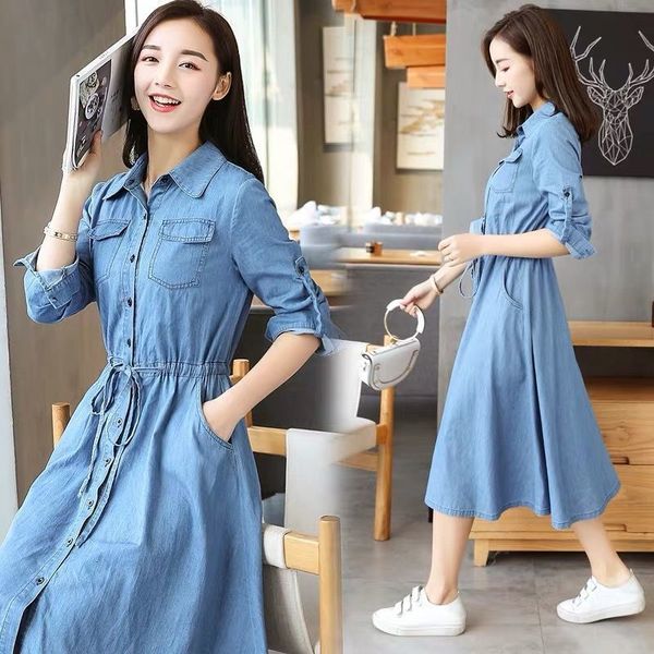 

casual dresses denim dress spring autumn women's fashion dresses long sleeve oversize clothing woman drawstring loose vestido midi casu, Black;gray